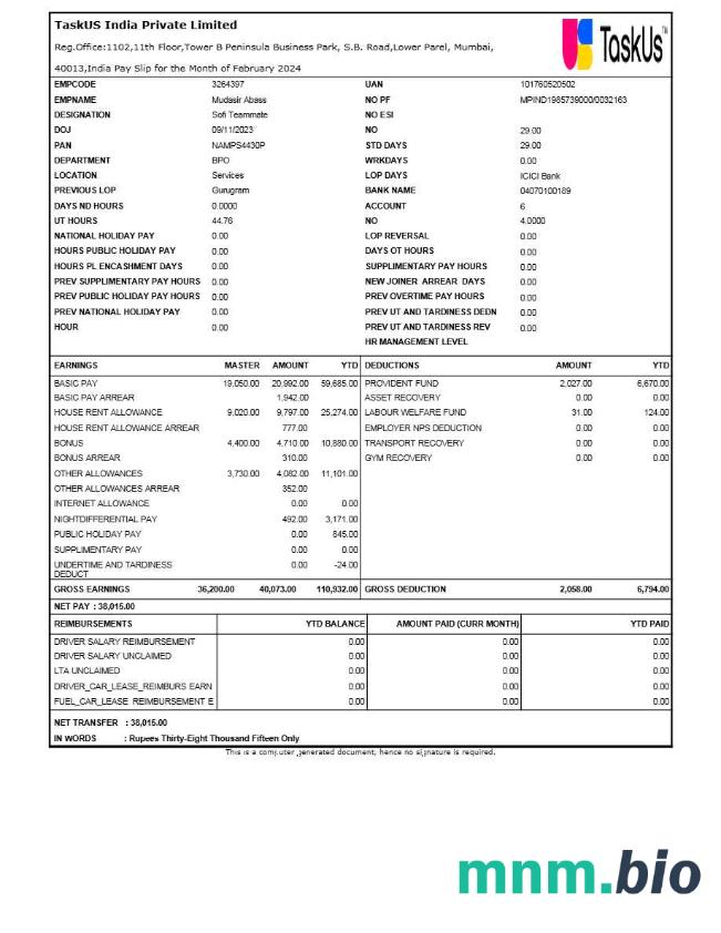 Szablon odcinka wypłaty TaskUS India w formatach Word i PDF